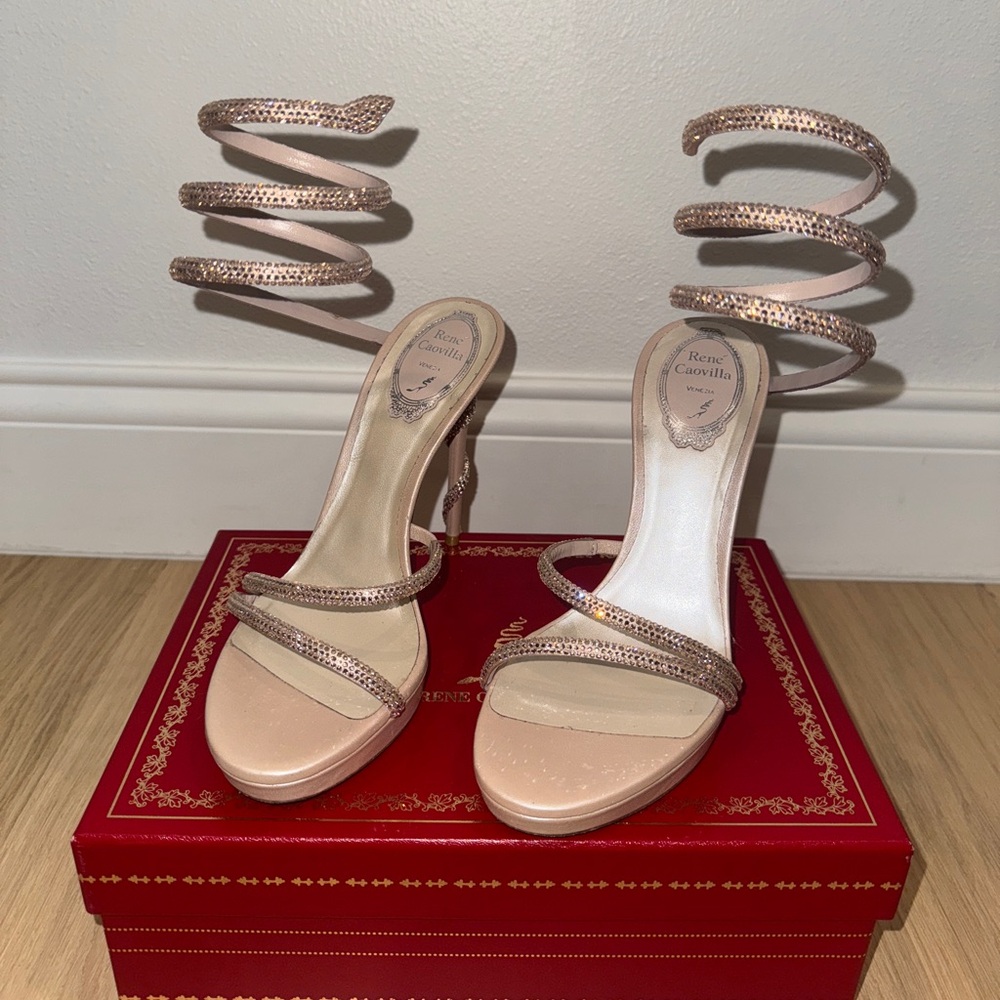 Rene Caovilla Women's Nude Spiral Heels MARGOT NUDE PLATFORM SANDAL 120